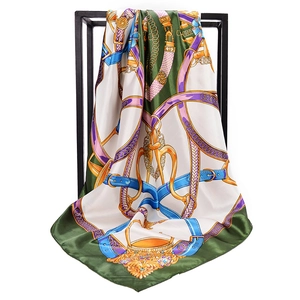 90cm square silk scarf with classic horse harness and chain print in deep green and white