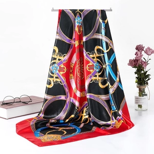 Detail of 90cm large square silk scarf featuring luxury retro chain and floral prints