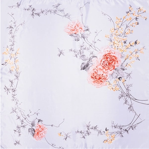 Elegant satin square silk scarf with purple peony floral print for hair or neck