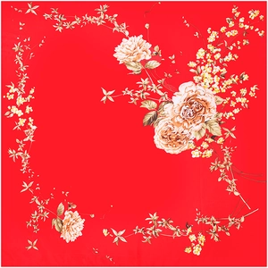 Close-up of red satin scarf featuring elegant white and gold peony floral printing