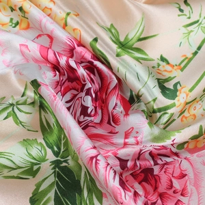 Floral satin silk scarf with pink roses and yellow lilies on champagne gold fabric