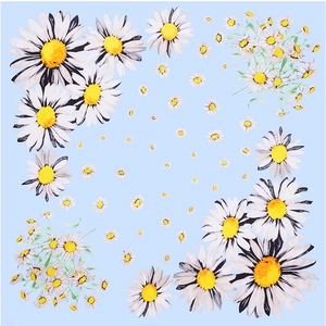Close-up of light blue silk square scarf featuring realistic white and yellow daisy prints
