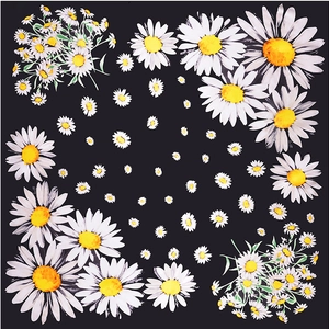 Detailed pattern of white daisy floral print on a black silk satin square scarf