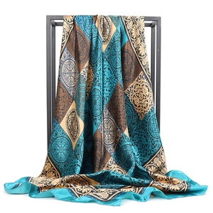 Baroque floral print satin silk scarf 90x90cm in blue and gold vintage checkerboard