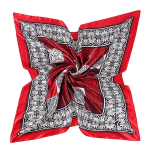 Classic red satin square scarf with vintage floral prints in a spiral display