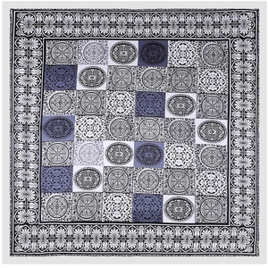 Retro 90cm square scarf with tile print and geometric patterns in black and lilac