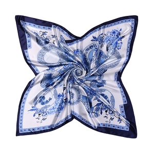 Elegant Satin Square Scarf Blue And White Porcelain Floral Print Satin Feeling Shawl Wrap For Women