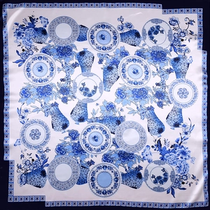 Elegant Chinese blue and white porcelain silk scarf with floral patterns and geometric border