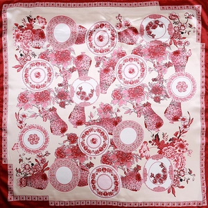 Blue and white porcelain style silk scarf with traditional floral print 90x90cm