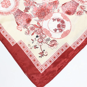 Detailed pattern of Chinese porcelain silk scarf with peony and red floral design