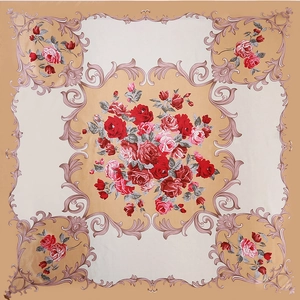 Élégant foulard en satin 90x90cm avec motif roses rouges et bordures baroques