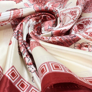 Elegant Chinese blue and white porcelain style silk scarf with red floral paisley print