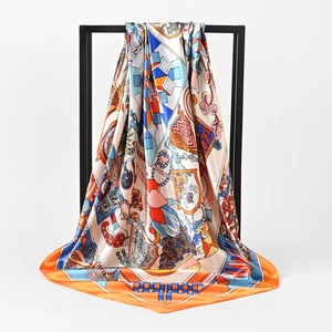 Artistic 90cm square silk scarf featuring vibrant geometric poker patterns on a black stand