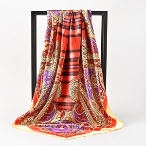 Retro paisley print 90cm silk scarf with vibrant colors and elegant satin sheen finish