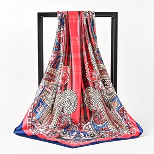 90cm vintage paisley floral silk scarf for women in deep red and navy blue finish