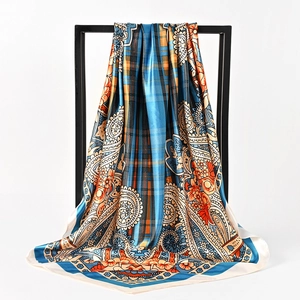 Royal blue and orange paisley print silk scarf in a premium 90cm square design