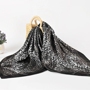 90cm leopard print silk scarf for women featuring black borders and a glossy finish
