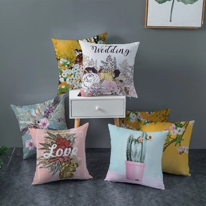 Set of decorative floral throw pillows with cactus and wedding prints for home decor