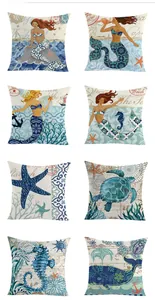 Detailed grid of Mediterranean pillow covers with mermaid, turtle, and whale prints