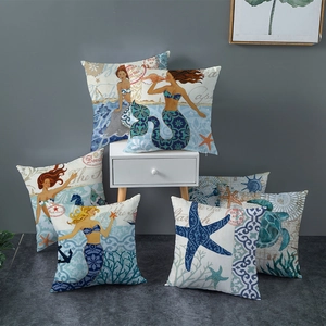 Mediterranean nautical peach skin pillowcases featuring blue mermaid and sea turtle designs