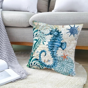 Vintage Mediterranean ocean seahorse and starfish print square throw pillowcase on sofa