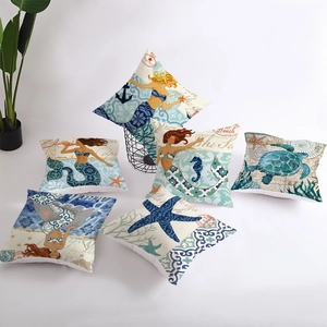 Set of 6 Mediterranean sea pillow covers with mermaid and turtle prints on white background
