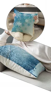 Detail of Christmas snowflake pillowcase with winter forest print on linen fabric