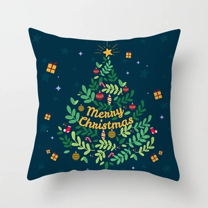 Square dark blue Christmas pillowcase with decorative tree and Merry Christmas text