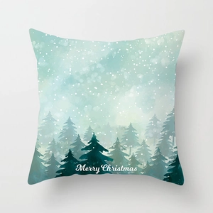 Detail of square Christmas pillowcase featuring a watercolor snow forest and Merry Christmas text