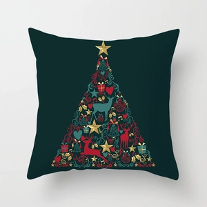 Close-up of Christmas tree pattern on dark green peach skin fabric pillowcase