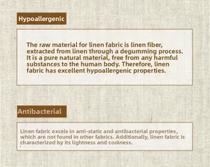 Linen texture detail showing hypoallergenic, antibacterial, and breathable fabric features