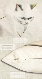 Detail of linen pillowcase featuring cat print, invisible zipper, and handmade stitching