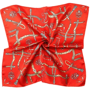 Red satin silk square scarf featuring classic golden equestrian prints on white background