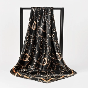 90cm square silk scarf featuring luxury gold chain patterns on a black satin background