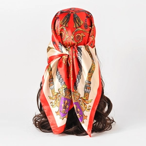 Red 90cm satin silk scarf with baroque floral patterns and royal crest design