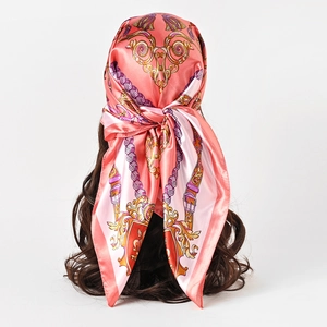 90cm satin silk scarf with vintage baroque print shown styled as a stylish headscarf