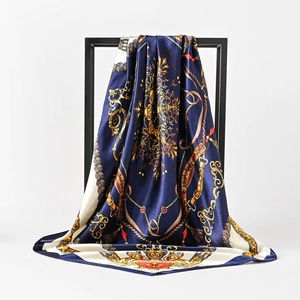 Navy blue and ivory 90cm satin silk square scarf with luxury equestrian chain pattern