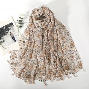 Elegant paisley print voile scarf with fringe, lightweight shawl for sun protection and warmth