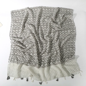 Gray and white cotton linen scarf with geometric waves, heart patterns and fringe