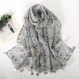 Lightweight paisley print shawl in light grey with soft cotton fringes and tassels