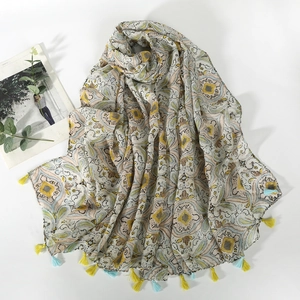 Bohemian paisley voile scarf with vibrant prints and decorative fringe tassels for women