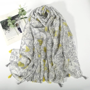 Gray and yellow heart pattern scarf with fringe, stylish long lightweight wrap shawl