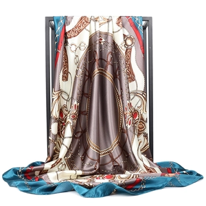 Classic chain and floral print satin silk square scarf 90x90cm in turquoise and brown