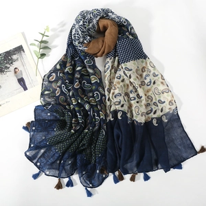 Vintage paisley patchwork scarf with tassels in navy and brown, boho style shawl wrap