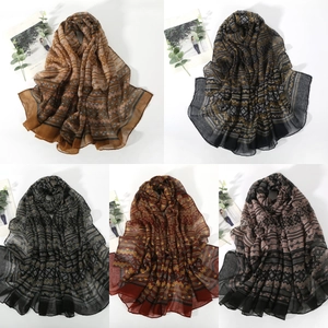 Detail of lightweight breathable voile scarf featuring geometric wave patterns in five colors