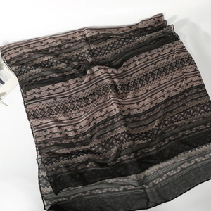 Bohemian style breathable voile scarf for women with brown geometric wavy patterns