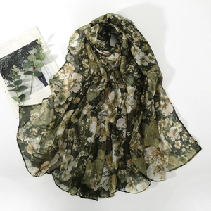 Elegant floral print voile scarf in dark green and brown tones for all seasons