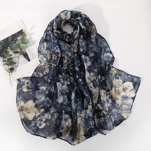 Women Floral Print Scarf Elegant Lightweight Voile Shawl Breathable Sun Protection Retro Wraps Accessory