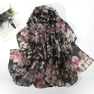 Elegant floral chiffon scarf for women, lightweight summer shawl with pink flower pattern