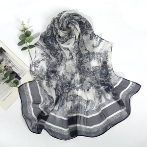 Lightweight white georgette scarf with vintage landscape print and striped border